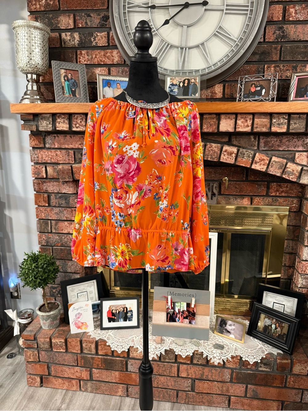 Chaps Bright Orange Floral Peasant Blouse
